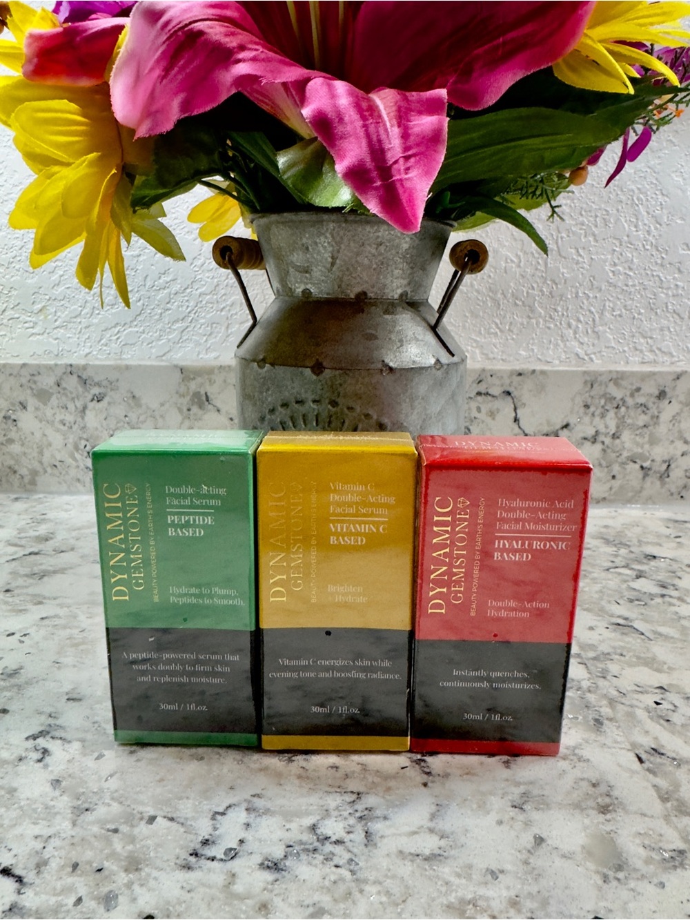 3 Dynamic Gemstone Facial Serums Set, Peptides, Hyaluronic Acid, Vitamin C